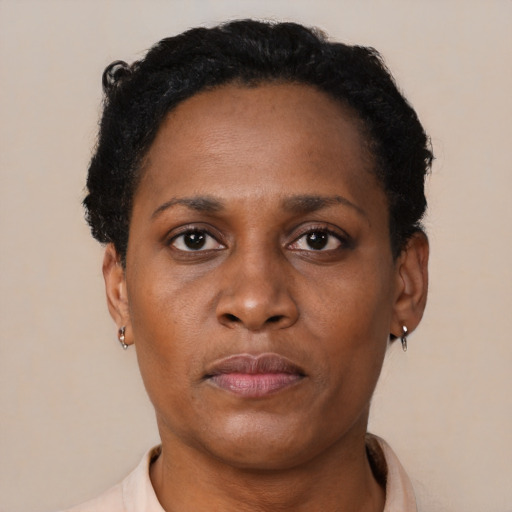 Neutral black adult female with short  brown hair and brown eyes