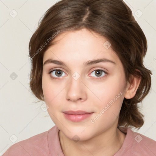 Neutral white young-adult female with medium  brown hair and brown eyes