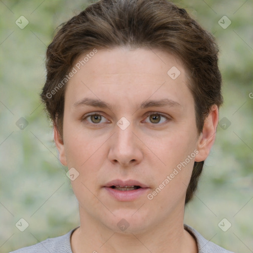 Neutral white young-adult female with short  brown hair and brown eyes