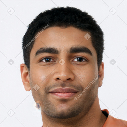 Neutral latino young-adult male with short  black hair and brown eyes