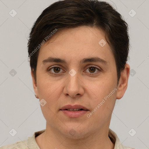 Joyful white young-adult female with short  brown hair and brown eyes