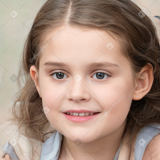 Joyful white child female with medium  brown hair and blue eyes