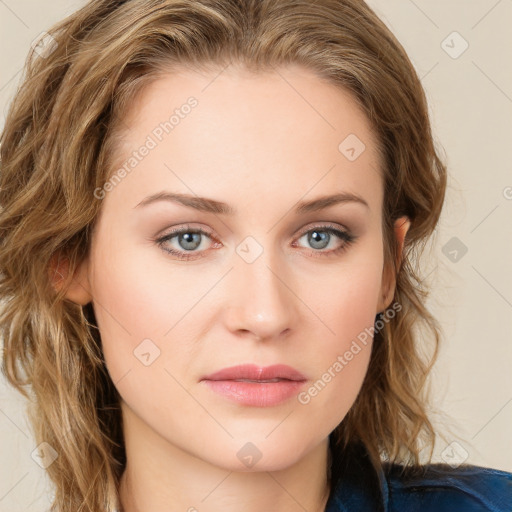 Joyful white young-adult female with long  brown hair and blue eyes