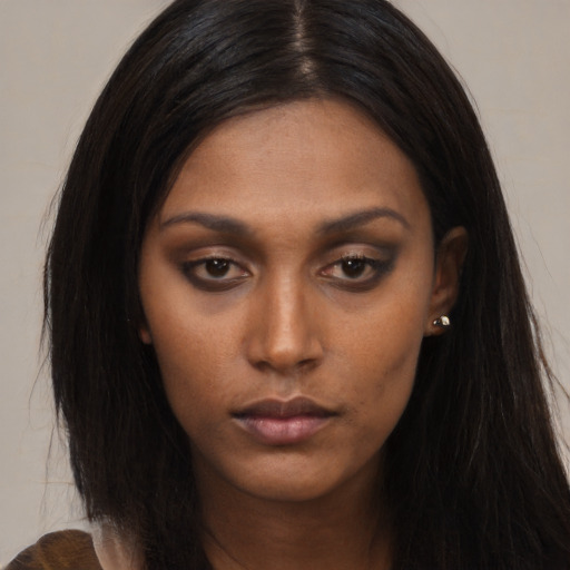 Neutral asian young-adult female with long  brown hair and brown eyes