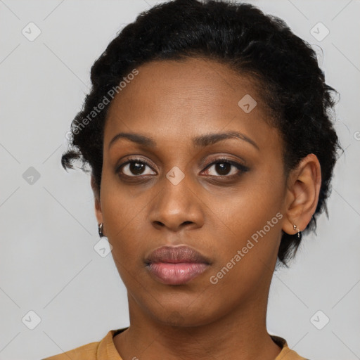 Neutral black young-adult female with short  black hair and brown eyes