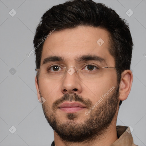 Neutral white young-adult male with short  brown hair and brown eyes