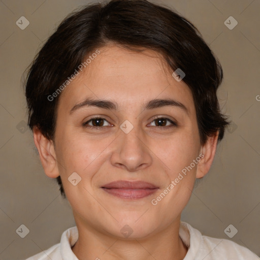 Joyful white young-adult female with short  brown hair and brown eyes