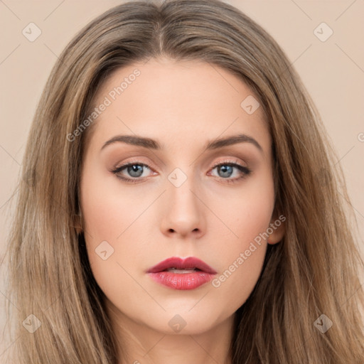 Neutral white young-adult female with long  brown hair and brown eyes