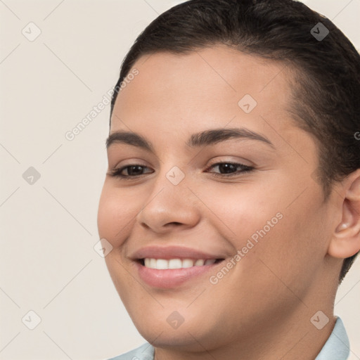 Joyful white young-adult female with short  brown hair and brown eyes