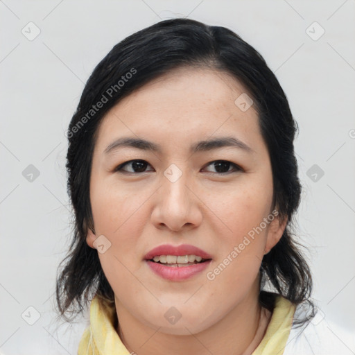 Joyful asian young-adult female with medium  brown hair and brown eyes