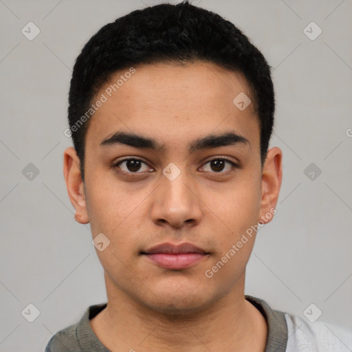 Neutral latino young-adult male with short  black hair and brown eyes