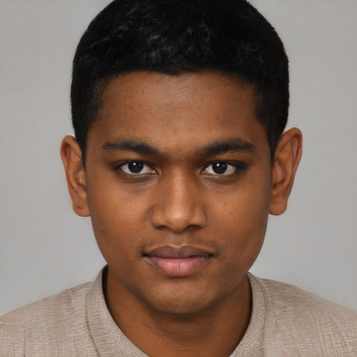 Neutral black young-adult male with short  black hair and brown eyes