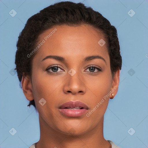 Neutral white young-adult female with short  brown hair and brown eyes