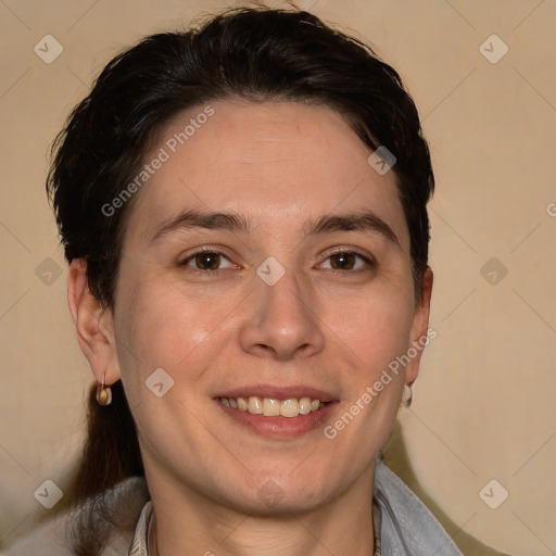 Joyful white young-adult female with medium  brown hair and brown eyes