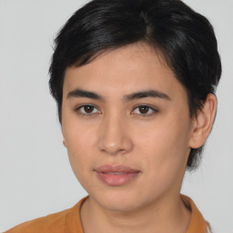 Neutral asian young-adult female with medium  brown hair and brown eyes