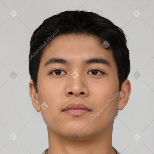 Neutral asian young-adult male with short  black hair and brown eyes