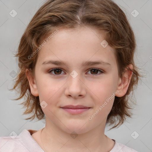 Joyful white child female with medium  brown hair and brown eyes