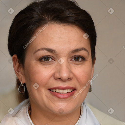 Joyful white adult female with short  brown hair and brown eyes