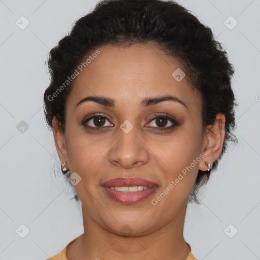 Joyful latino young-adult female with short  brown hair and brown eyes