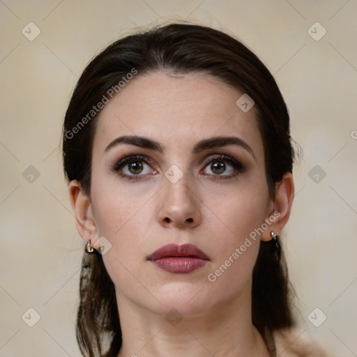 Neutral white young-adult female with medium  brown hair and brown eyes