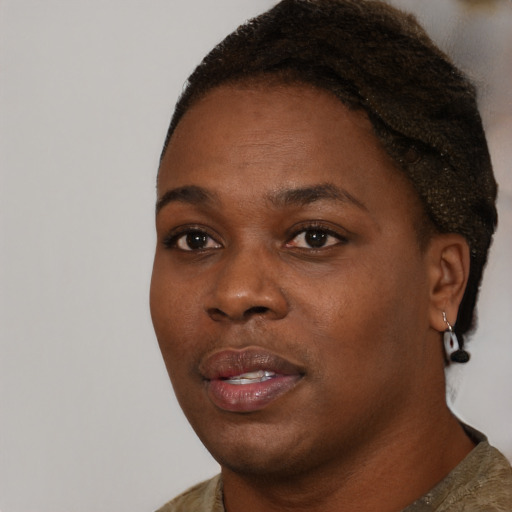 Neutral black young-adult female with short  brown hair and brown eyes