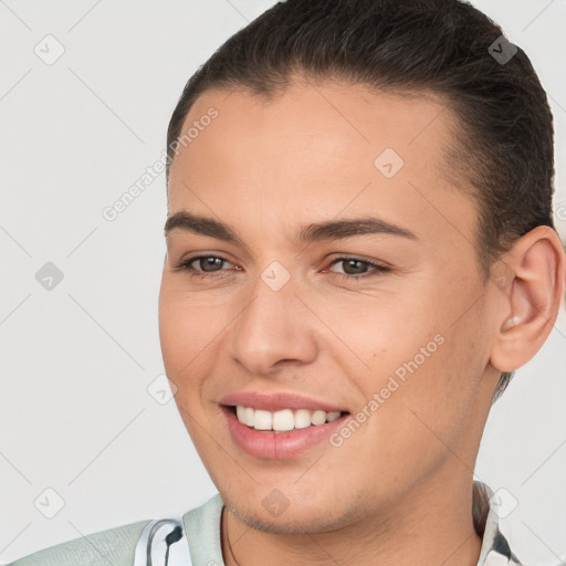 Joyful white young-adult female with short  brown hair and brown eyes