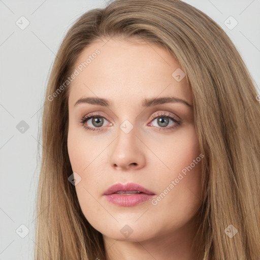 Neutral white young-adult female with long  brown hair and brown eyes