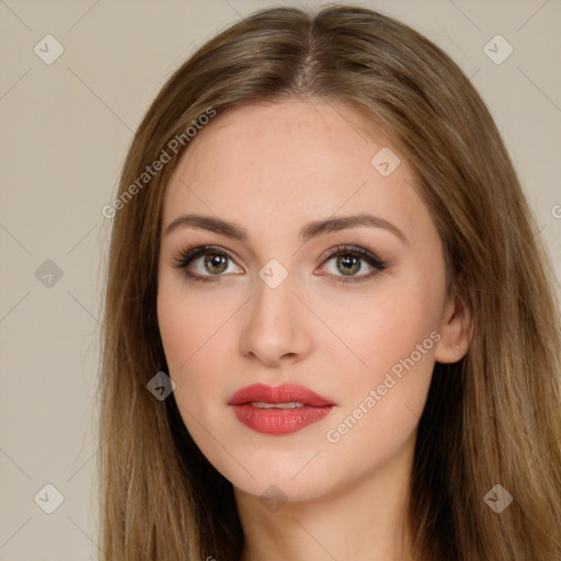 Neutral white young-adult female with long  brown hair and brown eyes