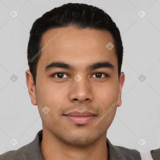 Neutral latino young-adult male with short  black hair and brown eyes
