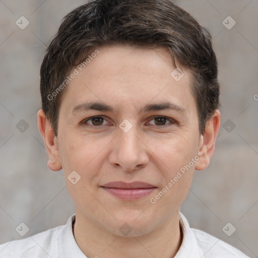 Joyful white young-adult male with short  brown hair and brown eyes