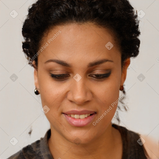 Joyful latino young-adult female with short  brown hair and brown eyes