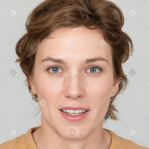 Joyful white young-adult female with medium  brown hair and blue eyes