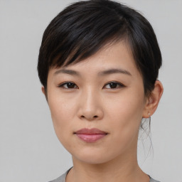 Neutral asian young-adult female with short  black hair and brown eyes