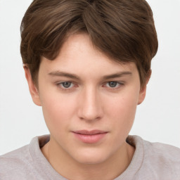 Neutral white young-adult female with short  brown hair and brown eyes