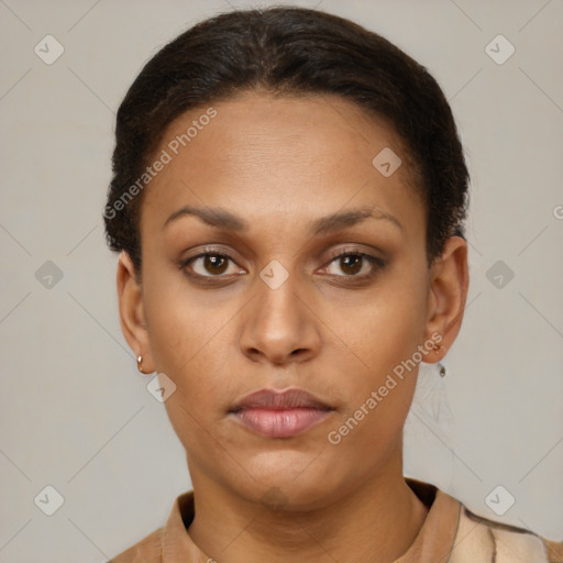 Neutral latino young-adult female with short  brown hair and brown eyes