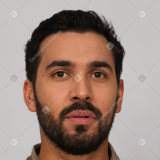 Neutral latino young-adult male with short  black hair and brown eyes