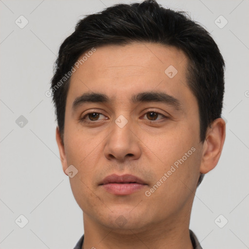 Neutral white young-adult male with short  black hair and brown eyes