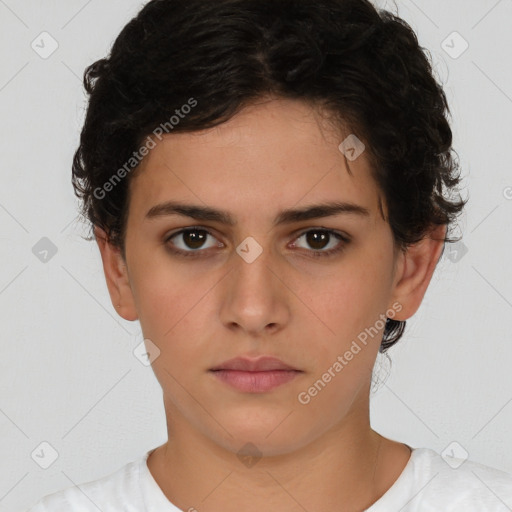 Neutral white young-adult female with short  brown hair and brown eyes