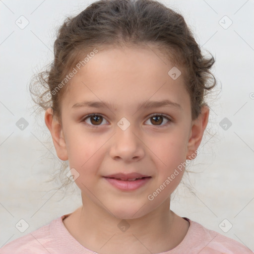 Joyful white child female with short  brown hair and brown eyes