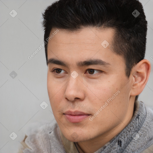 Neutral asian young-adult male with short  black hair and brown eyes