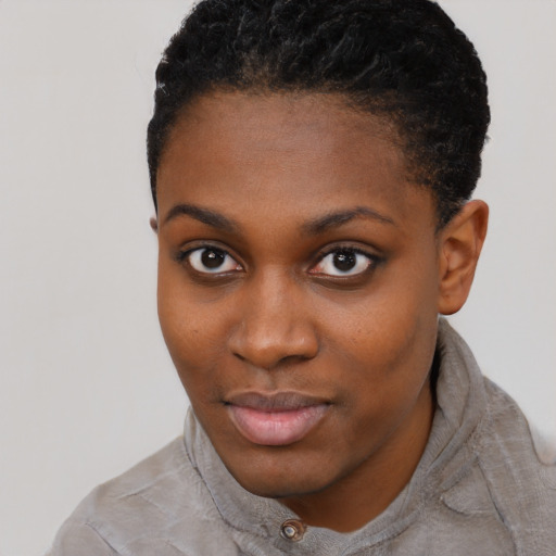 Neutral black young-adult female with short  black hair and brown eyes