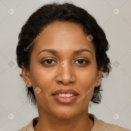 Joyful black young-adult female with short  brown hair and brown eyes