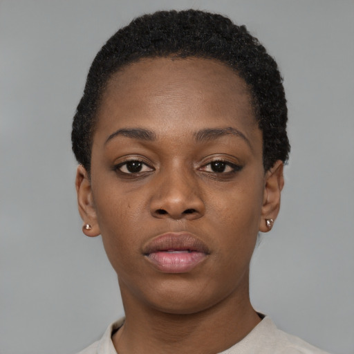 Neutral black young-adult female with short  black hair and brown eyes