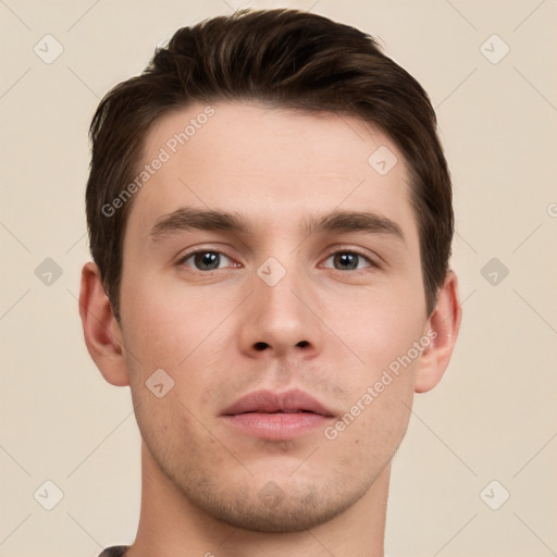 Neutral white young-adult male with short  brown hair and brown eyes