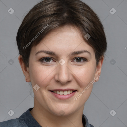 Joyful white young-adult female with medium  brown hair and grey eyes