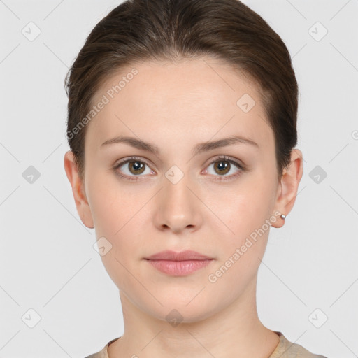 Neutral white young-adult female with short  brown hair and brown eyes