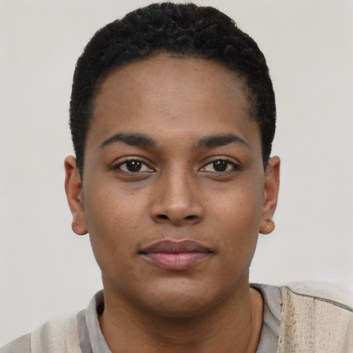 Neutral black young-adult male with short  black hair and brown eyes