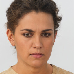 Neutral white young-adult female with short  brown hair and brown eyes