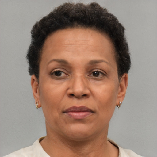 Neutral black adult female with short  brown hair and brown eyes