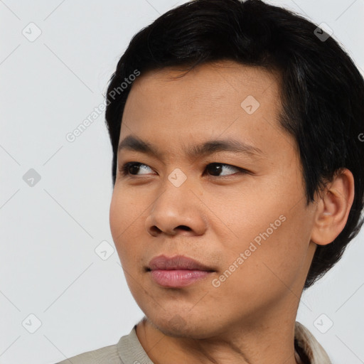 Neutral asian young-adult male with short  black hair and brown eyes